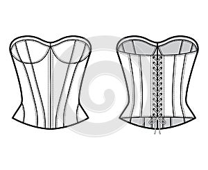 Corset-style top technical fashion illustration with fitted body, scoop strapless neckline, lacing back. photo