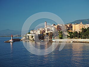 Corsica Bastia port view from sea on harbor with red and green l