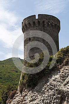 Corsica, Cap Corse, Tower of Losse, Tower of l`Osse, Haute Corse, Genoese tower, France, Europe, island, winding road