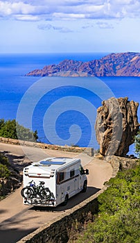 Corsica isalnd senery, road travel by camper.
