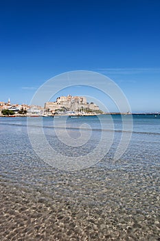 Calvi, Citadel, beach, ancient walls, marina, sailboats, skyline, Corsica, Corse, France, Europe, island