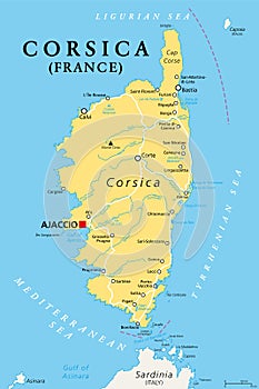 Corsica, political map, French island, north of Sardinia, capital Ajaccio