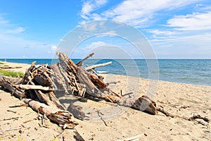 Corsican beach landscape with wreckage