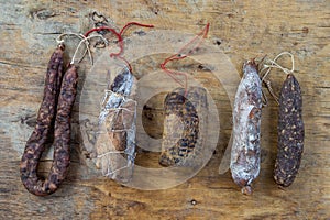 Corsican wild pork delicatessen, specialities made in Corsica France on wooden background