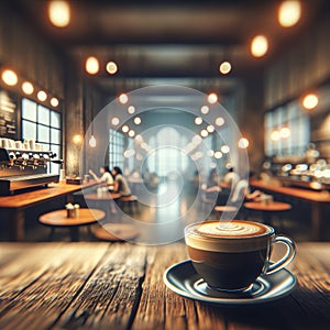 Cortado coffee cup on wooden table, blurred cafe background. AI generated. photo