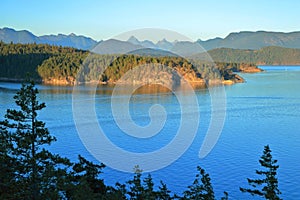 Cortes Island with Bay and Coast Mountains in Evening Light from Red Granite Lookout, Discovery Islands, British Columbia