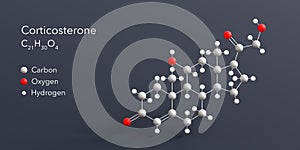 corticosterone molecule 3d rendering, flat molecular structure with chemical formula and atoms color coding photo