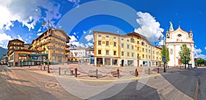 Cortina d` Ampezzo main square architecture and church panoramic view