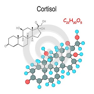 Cortisol. Chemical structural formula and model of hormone molecule. C21H30O5