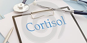 Cortisol glucocorticoid hormone diagnostic concept photo. Figure of adrenal glands with stethoscope, lab test tubes