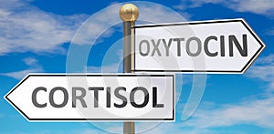 Cortisol and oxytocin as different choices in life - pictured as words Cortisol, oxytocin on road signs pointing at opposite ways
