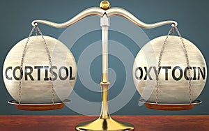 Cortisol and oxytocin staying in balance - pictured as a metal scale with weights and labels cortisol and oxytocin to symbolize