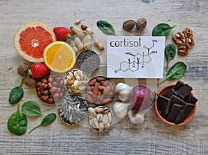 Cortisol reducing foods. Foods that help decrease cortisol and stress levels. Structural chemical formula of cortisol hormone.