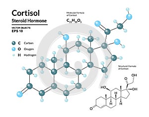 Cortisol. Steroid Hormone. Structural Chemical Molecular Formula and 3d Model of Stress Hormone