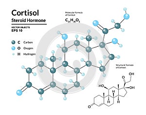 Cortisol. Steroid Hormone. Structural Chemical Molecular Formula and 3d Model of Stress Hormone photo