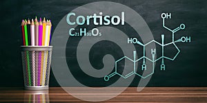 Cortisol structural chemical formula, Chalk drawing on a blackboard. 3d illustration