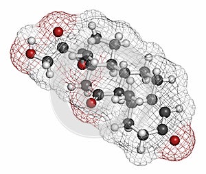 Cortisone stress hormone molecule. Atoms are represented as spheres with conventional color coding: hydrogen (white), carbon (grey