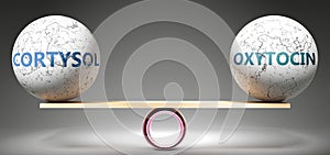 Cortysol and oxytocin in balance - pictured as balanced balls on scale that symbolize harmony and equity between Cortysol and