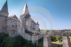 Corvin Castle or Hunyadi Castle and bridge in Hunedoara, Romania