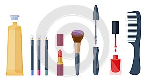 Cosmetic accessories set: eyeliner, lipstick, eyeshadow, mascara