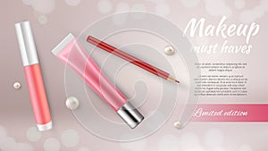 Cosmetic ads banner. Realistic make up pencil pipstick and gloss. Beauty vector background