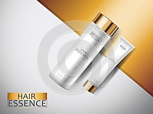 Cosmetic ads, 3d premium white cosmetic bottles with gold cup on abstract gold and silver surface background