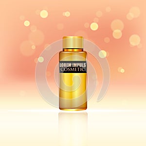 Cosmetic ads. Gold bottle package design with moisturizer cream or liquid.