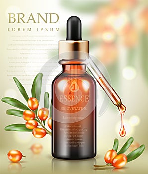 Cosmetic ads template. Essence bottle with sea buckthorn and sea buckthorn oil drop on bokeh background.