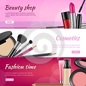 Cosmetic banners. Ads flyers with cosmetics products lipstick eye shadow nail polish pencils powder vector illustrations