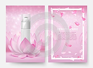 Cosmetic banners. Skin care cosmetic vector flyers template. Shaving foam bottle sprayer container in lotus flower and photo