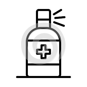 Cosmetic bottle, antiseptic or sanitizer spray outline vector icon. Nail polish remover or degreaser line icon. Linear style sign