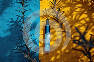 Cosmetic bottle on the background of a bright sunny wall and tropical leaves, banner for cosmetics