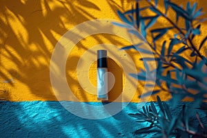 Cosmetic bottle on the background of a bright sunny wall and tropical leaves, banner for cosmetics