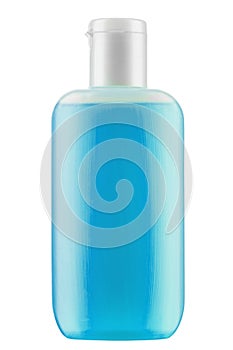 Cosmetic bottle blue color isolated on white background. Antimicrobial liquid gel. Hand hygiene. Shampoo bottle