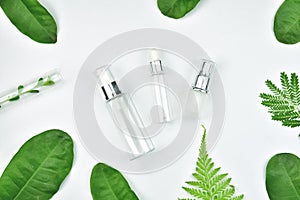 Cosmetic bottle containers with green herbal leaves, Blank label package for branding mock-up.