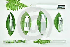 Cosmetic bottle containers with green herbal leaves, Blank label package for branding mock-up