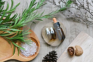 Cosmetic bottle containers packaging with green herbal leaves