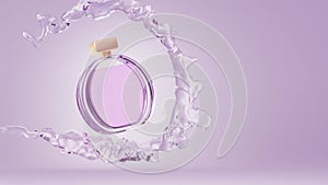 Cosmetic bottle perfume in splash water, realistic 3d animation. Glass round container with pink liquid for women