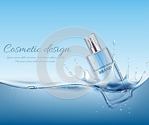 Cosmetic bottle on water background with air bubbles.