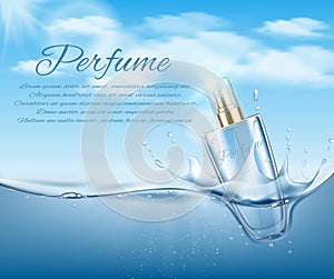 Cosmetic bottle on water background with air bubbles