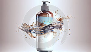 Cosmetic bottle water splash 3d package mockup shampoo liquid dripped product treatment care essence spa blank essential moisture