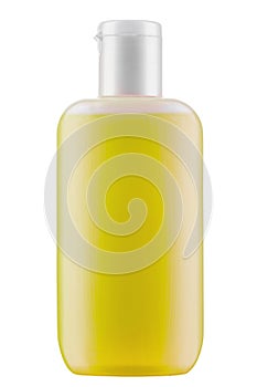 Cosmetic bottle yellow color isolated on white background. Antimicrobial liquid gel. Hand hygiene. Shampoo bottle