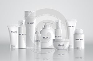 Cosmetic bottles. Beauty product package, spa containers mockup. Shampoo soap cream blank tubes. 3d glass plastic packs