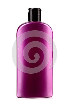 Cosmetic bottles lilac color with lid isolated on white background. Bottle with hand sanitizer. Antimicrobial liquid gel. Hand