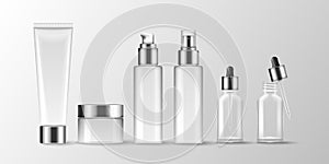 Cosmetic bottles. Moisturizing cream. 3D product packaging mockup. Skincare lotion phial or tube. Glass container. Empty