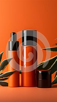 Cosmetic bottles on orange backdrop create a text-friendly ad canvas for promotion.