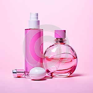 Cosmetic bottles on a pink background. Beauty, cosmetics concept.