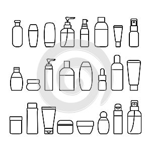 Cosmetic Bottles Signs Black Thin Line Icon Set. Vector