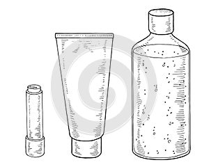 Cosmetic Bottles Vector Set. Black line art drawing of beauty products. Outline illustration of shampoo and cream