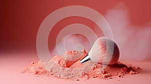 cosmetic brush and powder on a plain peach fuzz color background